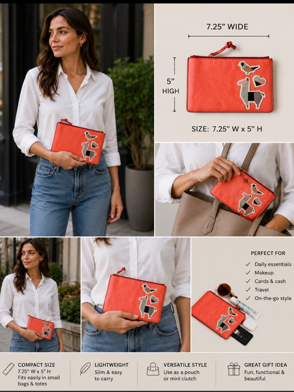 Fossil Coral Neon Orange Zip Pouch with Llama and Bird Appliqués